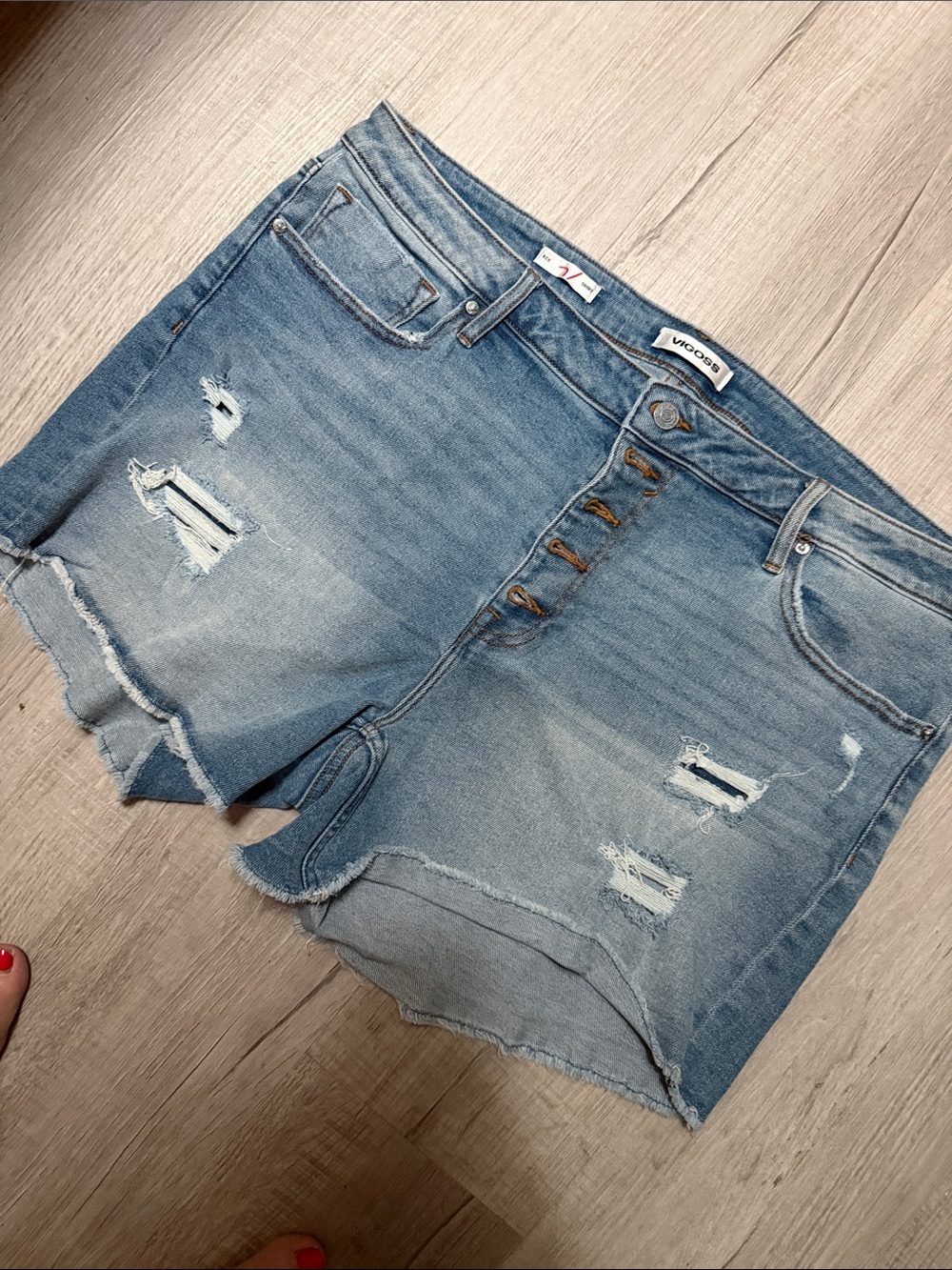 Vigoss Medium Wash Distressed Button-Fly Denim Shorts